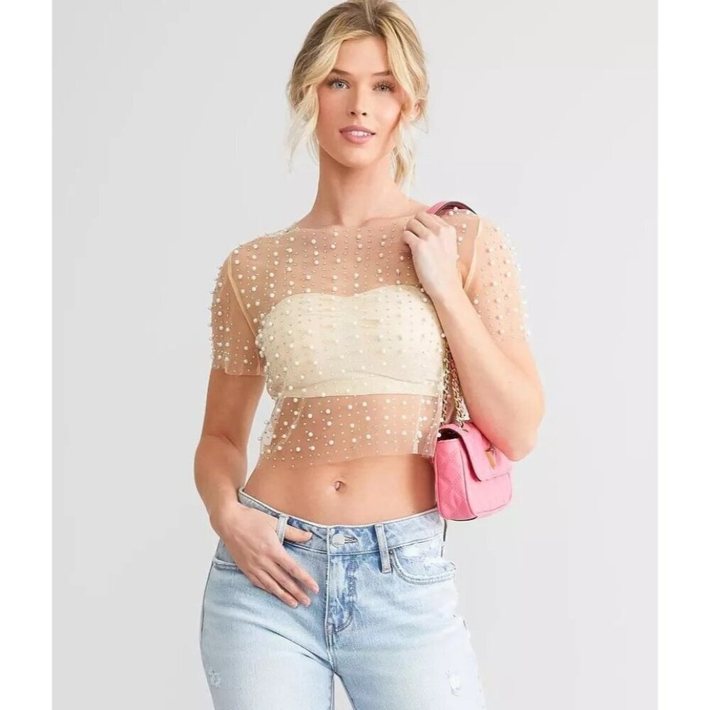 Endless Blu Sheer Mesh Top Pearl Beaded S